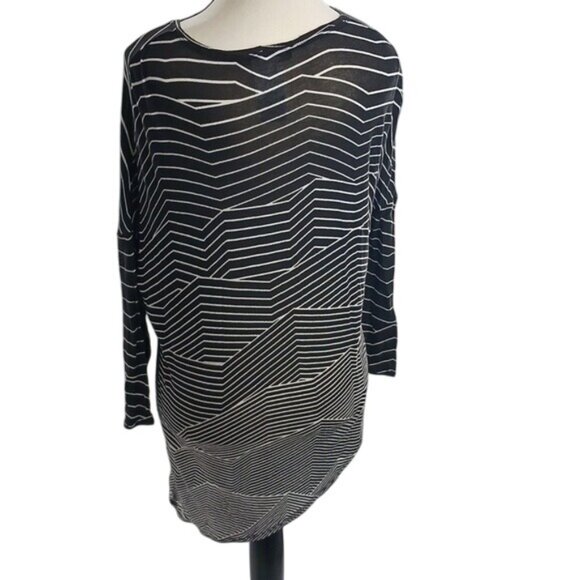 BCBGMAXAZRIA Blouse Black White Striped Asymmetrical Semi Sheer Womens Size S - Picture 5 of 6